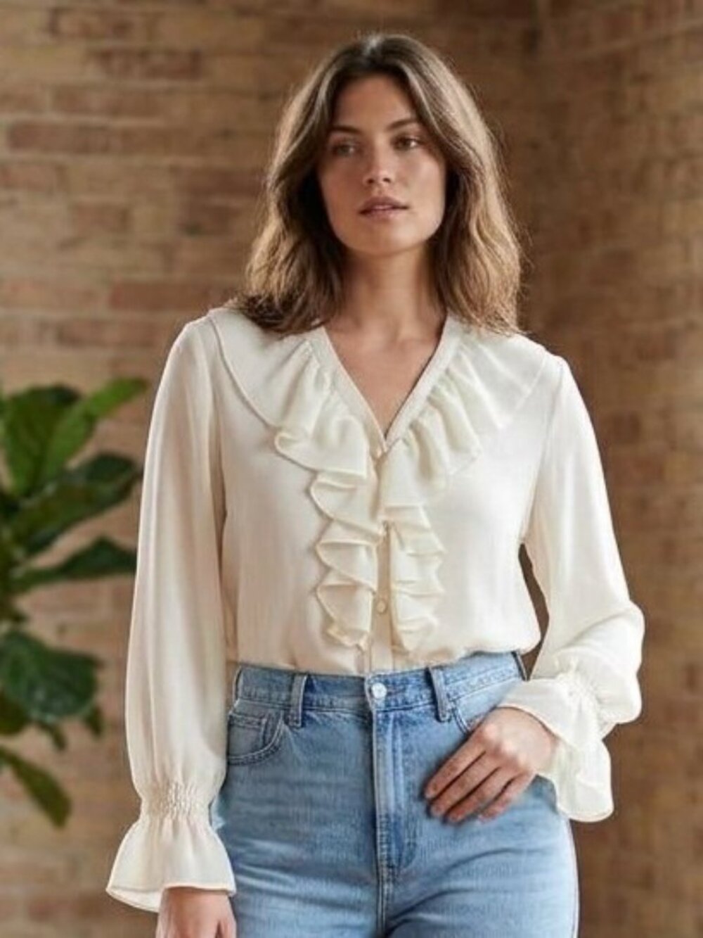Vintage Sz L Cream Chiffon Ruffle Tuxedo Blouse Front Flounce Romantic Poet Top
